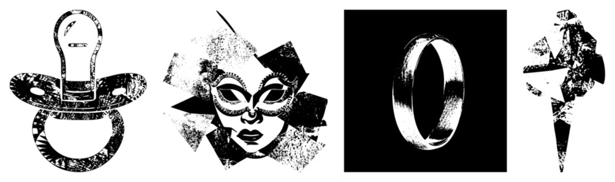Distressed halftone vector illustrations including baby soother, carnival mask, wedding band, and fragmented silhouette ideal for edgy design projects or print.