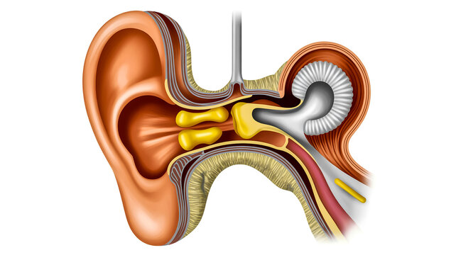 A detailed medical illustration of a human ear showing the eardrum, ossicles, cochlea, and auditory nerve in a side view.