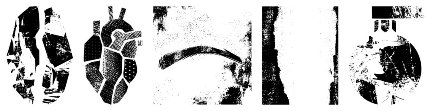 Stylized anatomical cutouts and textured glyphs, including heart, eyebrow, and geometric shapes fragmented halftone illustrations, deconstructed organic forms.