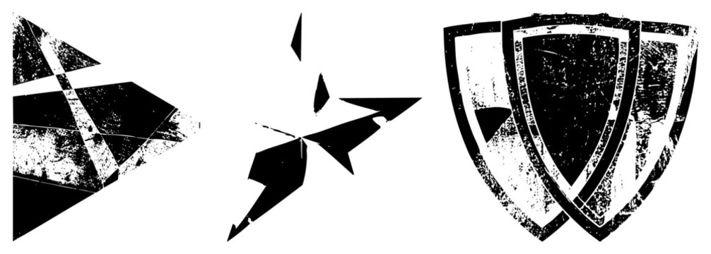 Rugged vector shield emblem and sharp arrowhead graphic, distressed logo elements, weathered set, ideal for badges or game assets. Alternate gritty badge symbols, worn motifs.