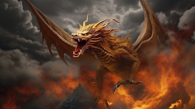 A colossal fire-breathing dragon soars through a chaotic sky of flames and smoke