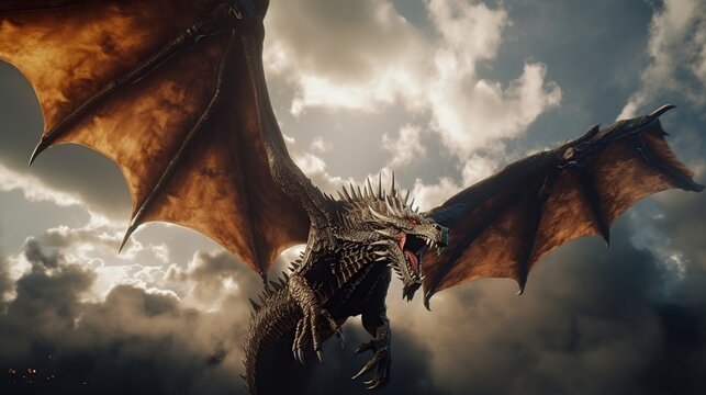 A colossal winged dragon soars through stormy clouds under a dramatic, thunderous sky