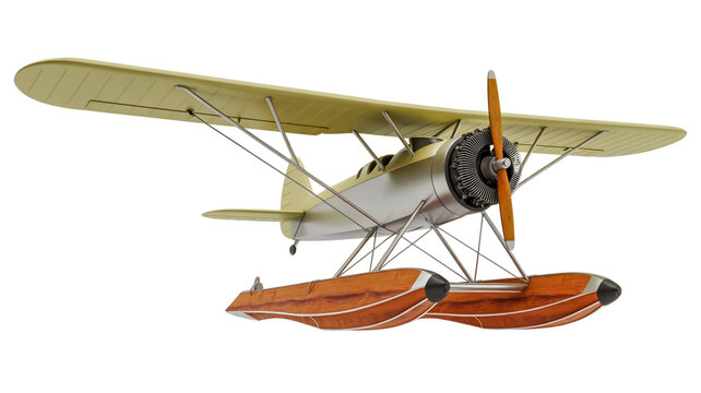 Detailed medical illustration depicts a biplane with pontoons flying over calm waters near a hospital ship