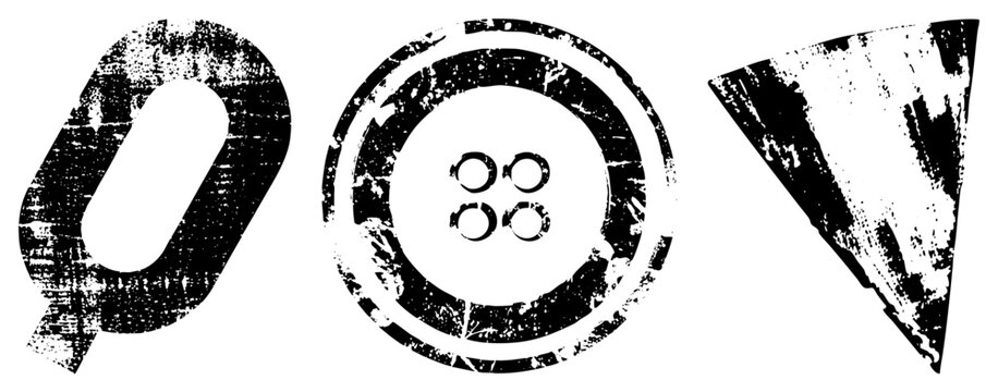 Rugged vector glyphs featuring a stylized Q, sewn button, and angular triangle ideal for vintage branding or distressed UI elements. weathered symbols, retro graphic.
