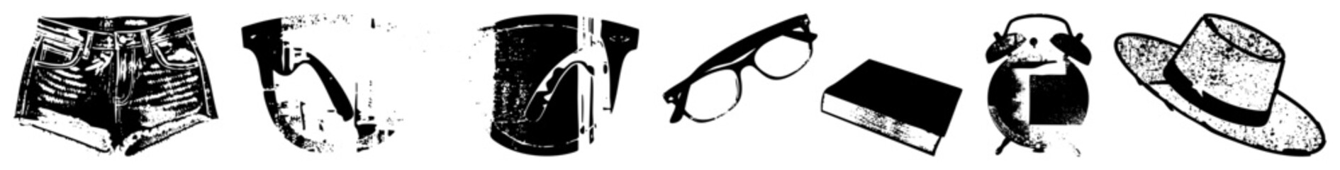 Obraz premium Black and white halftone cutout illustrations of casual wear and accessories includes denim hotpants, reading glasses, fedora, vintage alarm clock. Isolated glyph style clipart.
