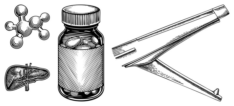 Anatomical liver diagram, chemical molecule model, container with capsules, surgical tweezers also known as hepatology sketch, organic compound, med bottle, hemostat tool.