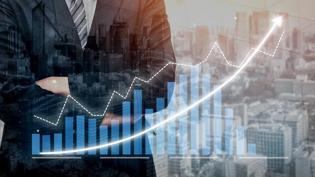 A confident businessman observes a digital financial graph overlayed with a dynamic city skyline, symbolizing economic growth, investment potential, and strategic foresight. Copula