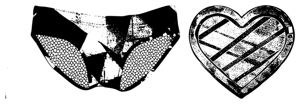 Rugged lingerie graphic and romantic symbol rendered in distressed, featuring honeycomb mesh and ideal for tattoo, apparel, or sticker art.