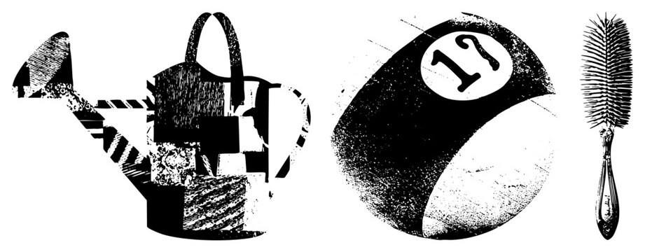 Abstract vector collage of garden tool, pool ball, grooming brush with halftone textures. Print design element for, posters, vintage branding.