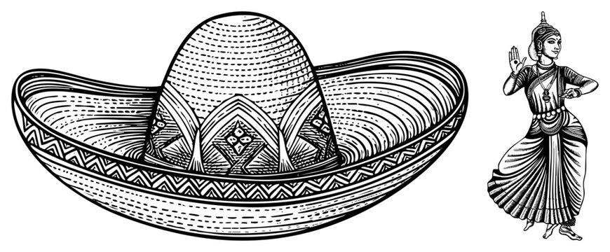 Detailed sombrero hat with geometric embroidery alongside classical Indian dancer in mudra pose, cultural attire, folk costume, traditional headwear, ethnic dance figure.