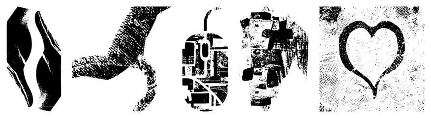 Obraz premium Graphic design elements featuring stippled halftone, dot matrix aesthetic, rasterized vector graphics for modern layouts or print.