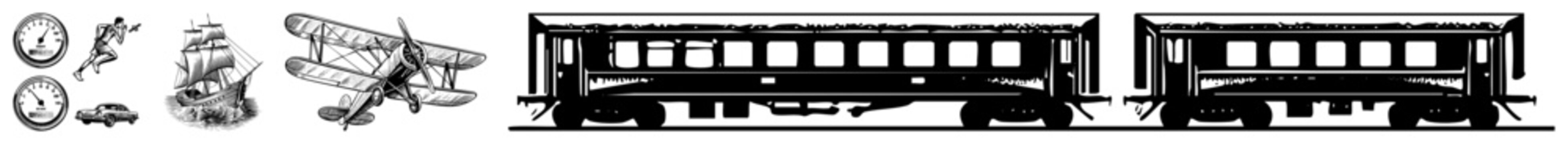 Retro travel symbols collection including biplane, sailing vessel, classic automobile, timepieces, and passenger train ideal for vintage themed design or transport illustration.