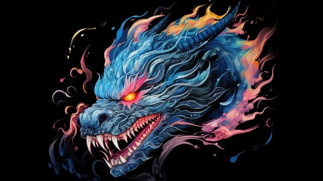 A Majestic Fiery Blue Dragon Portrait with Flaming Mane and Predatory Gaze