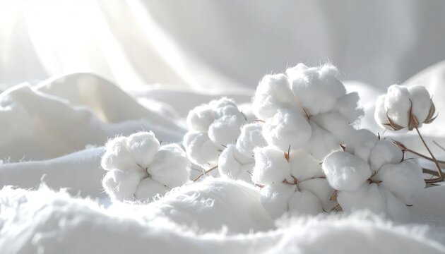 Soft Cotton Bolls Bathed in Gentle Sunlight on a White Background.
