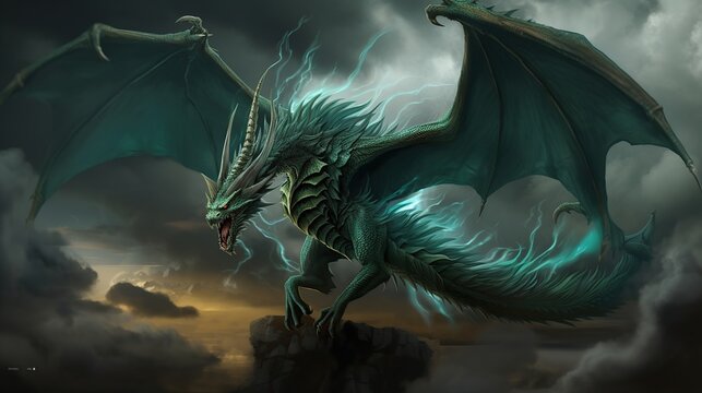 A Majestic Turquoise Dragon Perched Upon a Dark Cliff Under Stormy Skies