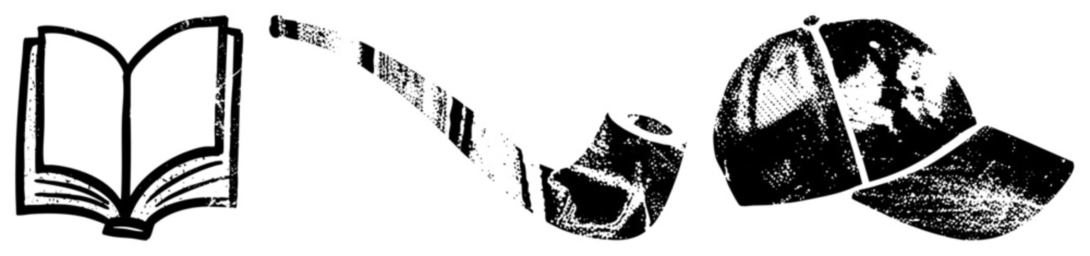 Graphic set featuring vintage style reading material, tobacco pipe, and sports headwear rendered in stipple halftone also known as dot matrix illustration or grainy print style.