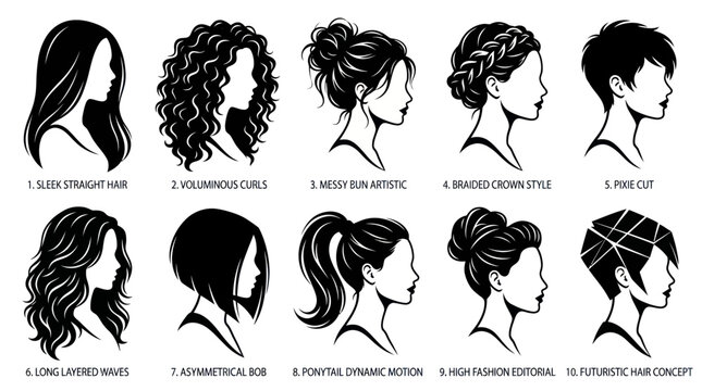 Black  White Line Art Silhouettes of 10 Different Hairstyles