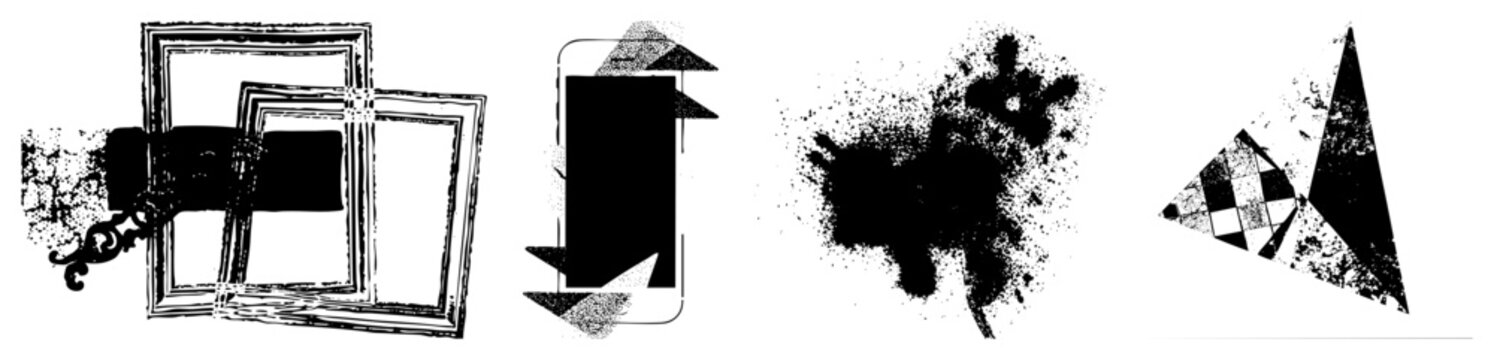 Rugged graphic design assets featuring weathered borders, ink splashes, halftone arrows, and fragmented geometric shapes for edgy visual compositions.