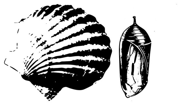 Insect metamorphosis illustration showing pupa and larva stages, butterfly cocoon and caterpillar, educational entomology diagram, black and white biological sketch.