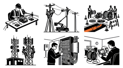 Fototapeta premium Telecom technician working on telecommunications equipment, line art