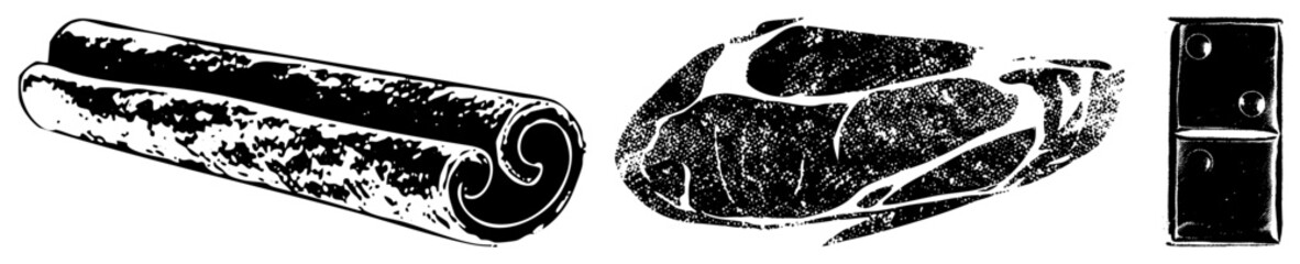 Obraz premium Cinnamon quill, meat fillet, and gaming depicted in halftone style ideal for vintage packaging, culinary graphics, or board game assets.