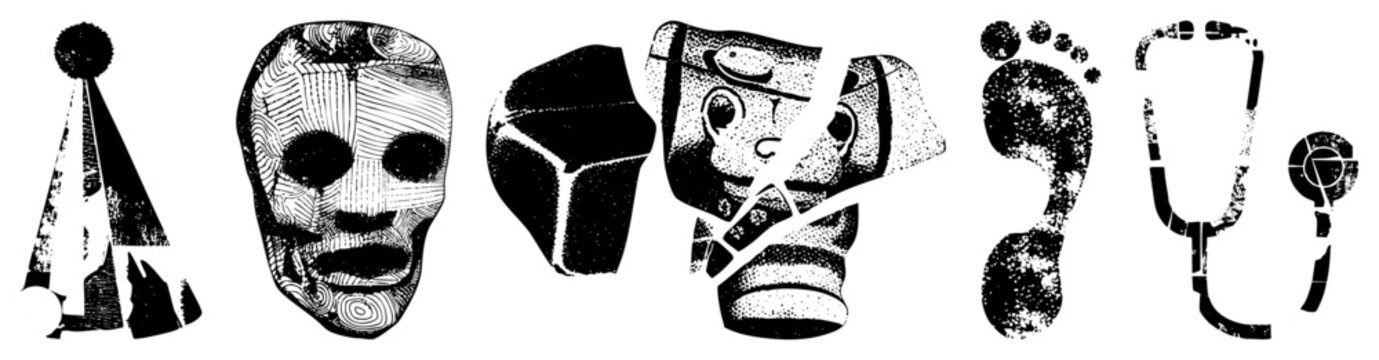 Rugged graphic symbols including party hat, mask, cube, broken toy, footprints, stethoscope edgy vector cutouts ideal for punk, streetwear, or indie design projects.