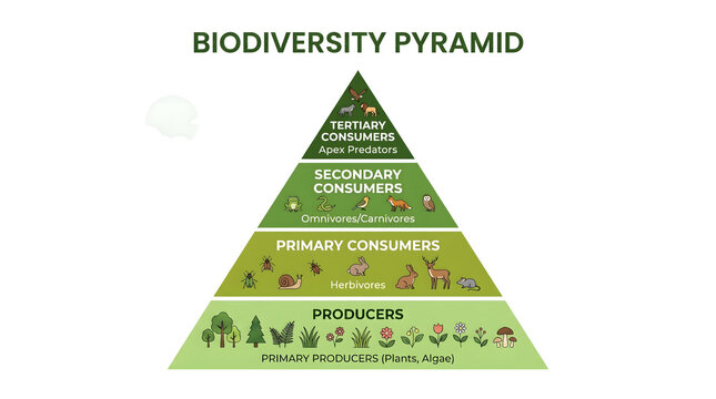 Flat vector illustration of a biodiversity pyramid showing producers, primary consumers, secondary consumers, and tertiary consumers, using natural green colors to represent ecosystem hierarchy