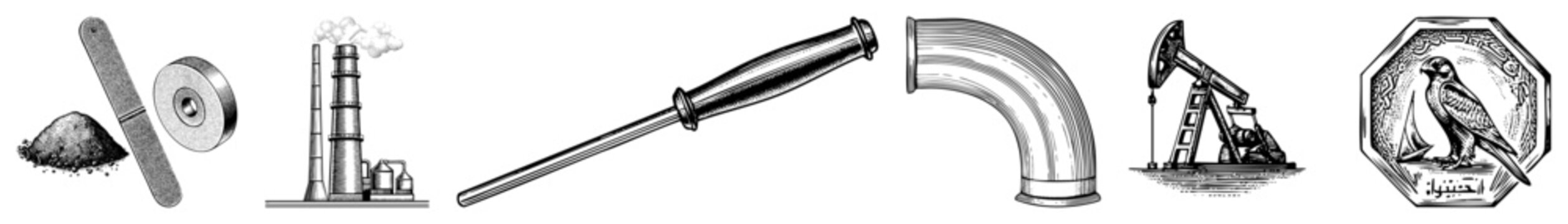 Collection of engraved style technical illustrations including factory, pipe fitting, oil pump, and seal ideal for engineering schematics or industrial branding.