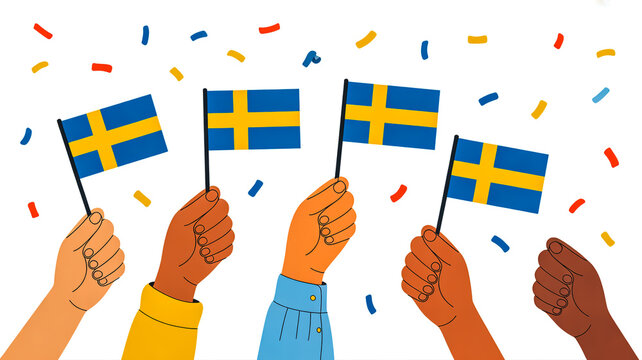 People celebrate with Swedish flags in a festive atmosphere