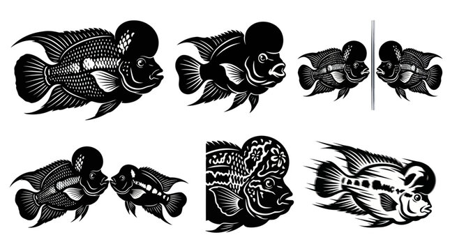 Black and White Vector Art of Flowerhorn Cichlid Fish