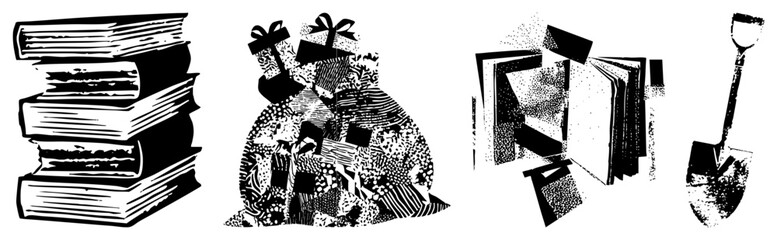 Fototapeta premium Black and white halftone vector of stacked books, gifts, pages, and a tool ideal for education/literary themes. textbook pile, present heap.