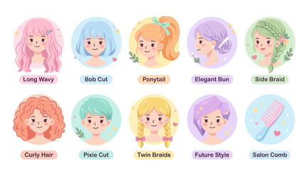 Fototapeta premium Diverse Cartoon Hairstyles Collection: Long Wavy to Braids, Flat Style