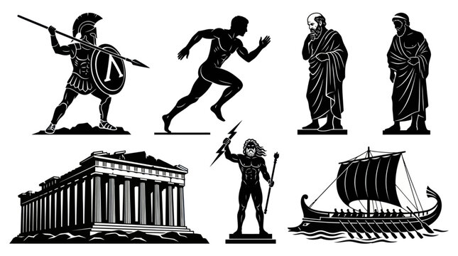 Classical Greek Civilization Black  White Silhouette Icons Set