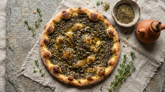 Freshly Baked Arabic Manakish Flatbread with Za'atar and Olive Oil
