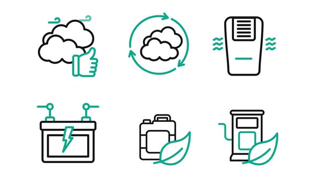 Green Technology 2D Outline Icon Animation Cartoon 4K Video. Motion Graphic. Contain air quality, air purifier, battery storage, bio energy. Editable On Transparent Background Alpha Channel.