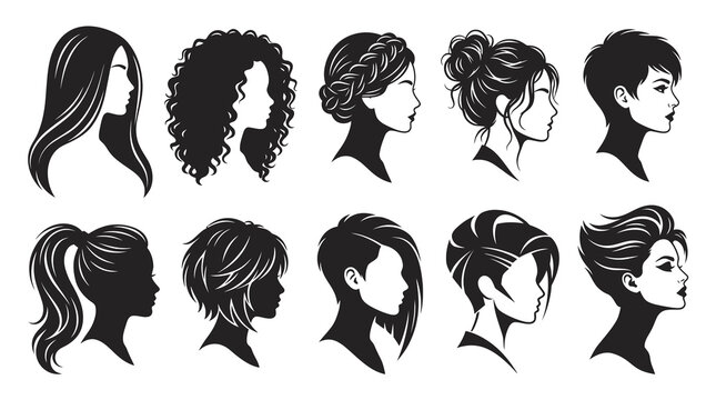 Collection of Woman Hairstyles Vector Silhouettes Profile Illustration Set for Beauty Salons