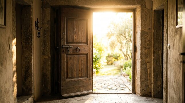 Wooden door opened revealing sunlit garden path outside