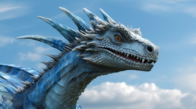 A vivid blue dragon head featuring spiked scales and a bright sky background