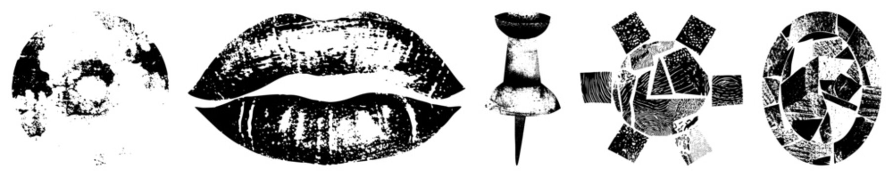 Distressed lip illustration with halftone texture, stylized pushpin, fragmented geometric symbols ideal for edgy branding or punk aesthetics.