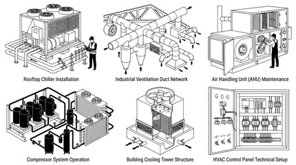 Obraz premium HVAC Systems Engineering Diagrams: Chiller, AHU, Cooling Tower Isometric Line Art
