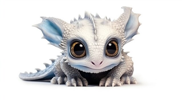 Adorable baby dragon hatchling with oversized eyes, pale scales, and blue-tinted ears peeking forward
