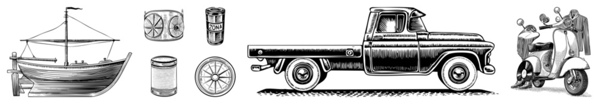 Retro transport illustrations nautical vessel, classic pickup, scooter, canisters in scratchboard style with. Ideal for retro design, print.