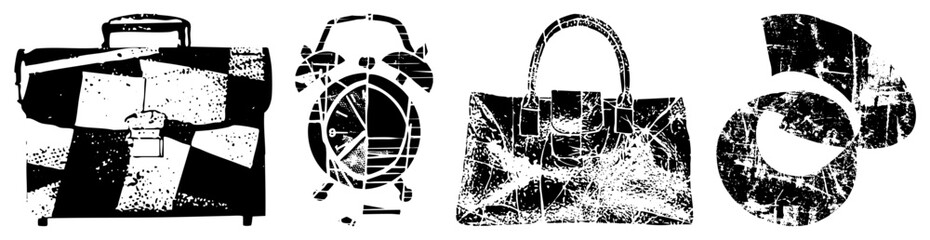 Obraz premium Distressed graphic including business case, timepiece, purse, and abstract form ideal for retro design, urban branding, or vintage themed layouts.