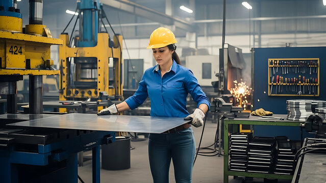 Woman in blue shirt and yellow helmet handling metal sheet in industrial workshop with machinery