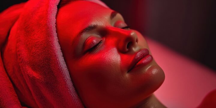 Woman receiving red light therapy for skincare in a modern spa treatment session