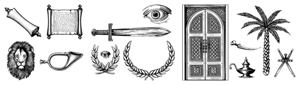 Vintage style symbolic featuring a gladius sword, all seeing eye, lion&rsquo;s head, ornate door, palm tree, genie lamp also called emblems, esoteric motifs, or antique illustrations.