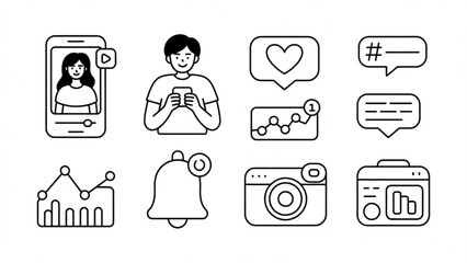 Fototapeta premium Influencer Marketing Essentials Line Icon Set Content Creation, Social Media Growth & Engagement Tools