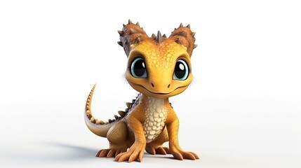 Fototapeta premium Adorable Tiny Dragon Hatchling Standing on White Studio Ground with Big Sparkling Eyes