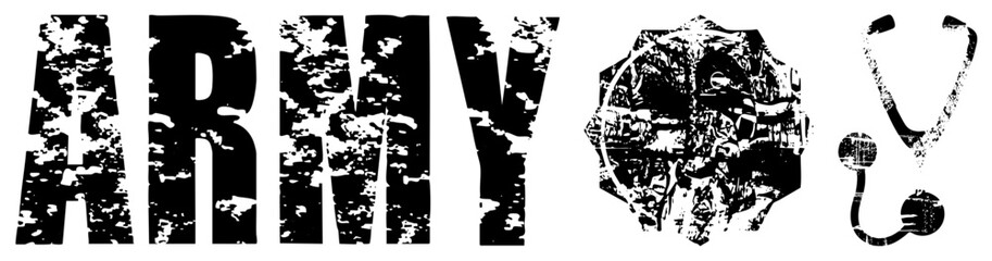 Obraz premium Rugged army typography with combat helmet and medical stethoscope symbols, worn out military insignia, tactical emblem set, battle worn graphic elements.