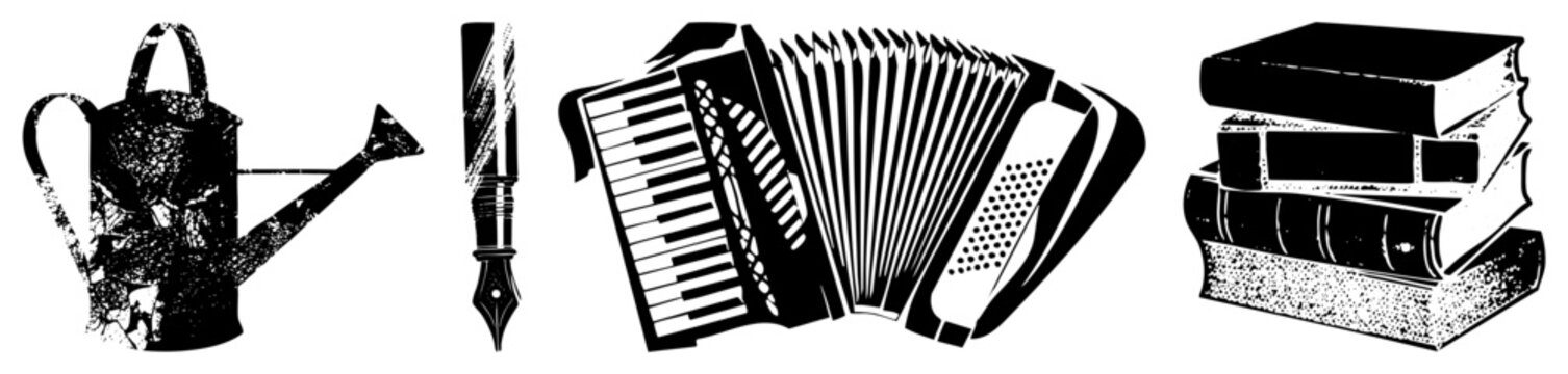 glyph style depicting garden tool, writing instrument, musical keyboard instrument, and literature stack ideal for print, web, or educational use.